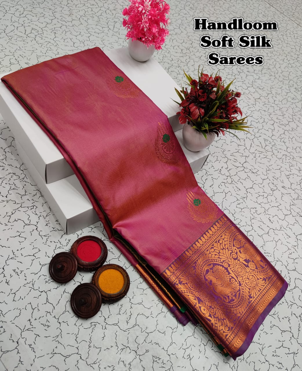 Shop premium Kanchipuram Handloom Soft Silk Saree with copper zari border, rich meena pallu & contrast blouse. Elegant saree for weddings & festivals.